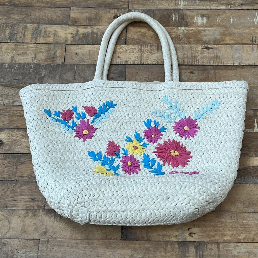 Gap Kids Paper Beach Tote Bag Handbag One Size Embroidered Floral Natural